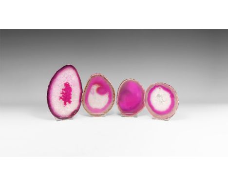 A group of four cut and polished agate slices showing bands of brown and pink colour to the borders, three with honeycomb cry