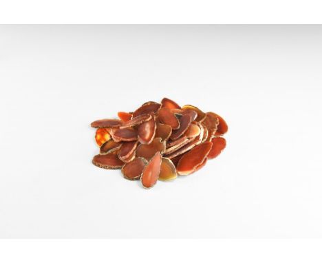 A group of fifty cut and polished agate slices with bands of colour ranging from deep red to pale orange, many tending to car