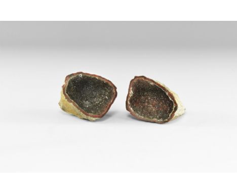 A pair of thin walled mini agate geodes with clusters of tiny black to brown crystals within; in white card tray with label r