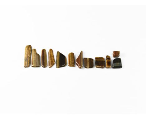 A group of twelve 'tumblestone' polished tigers eye slices showing silky lustre and bands of colour. See Bonewitz, Dr. Ronald