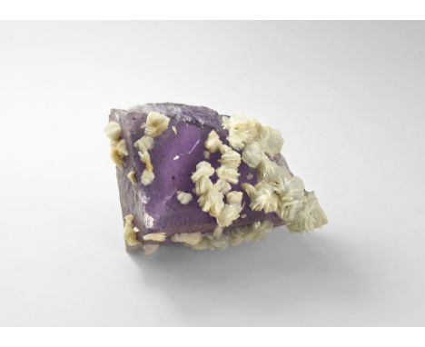 A cubic crystal of purple fluorite with overgrowths of tabular white calcite crystals from the USA, in white card tray with G