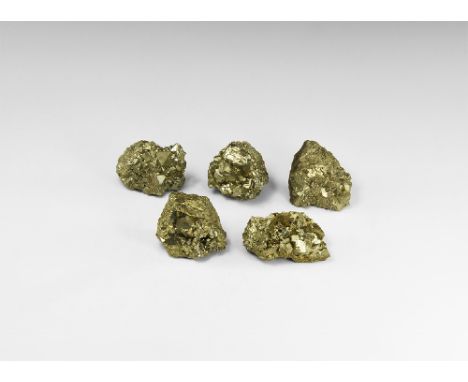 Group of five large pyrite clusters with well-formed crystals some with striations and deep lustre. See Bonewitz, Dr. Ronald 