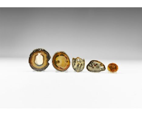 A group of five cut and polished agate slices with bands of red, brown and black colour; larger example with cluster of small