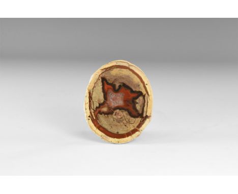 A cut and polished Agate Creek, Australia, thunderegg half displaying the internal structure of red, black and brown. See Bon