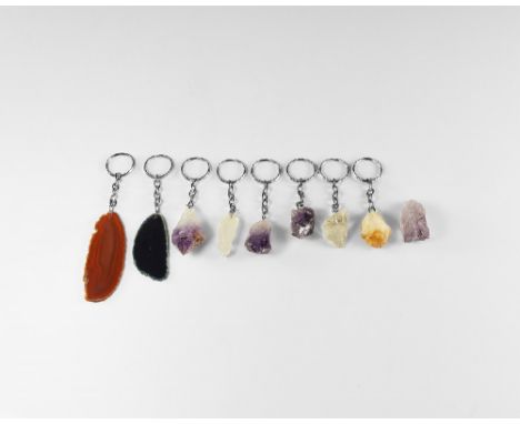 Group comprising: blue and orange polished agate slices; with amethyst (4), citrine (1) and quartz (2) natural crystals; all 