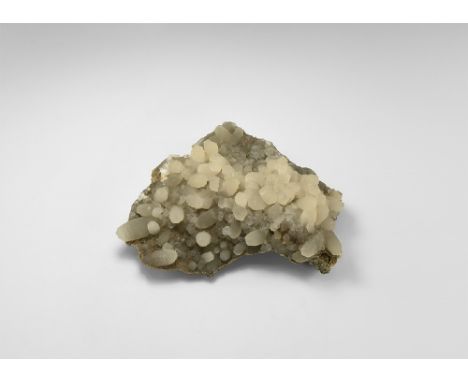 A sheet of calcite crystals on a rock groundmass from Maharachita, India, with unusual step growth barrel forms. See Bonewitz