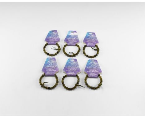 A group of six labradorite bead bracelets on adjustable elastic thread. See Bonewitz, Dr. Ronald Louis, Rocks & Minerals, 200