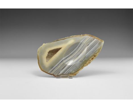 A large cut and polished agate slice with natural variegated bands of colour; polished elliptical dish to the centre and natu