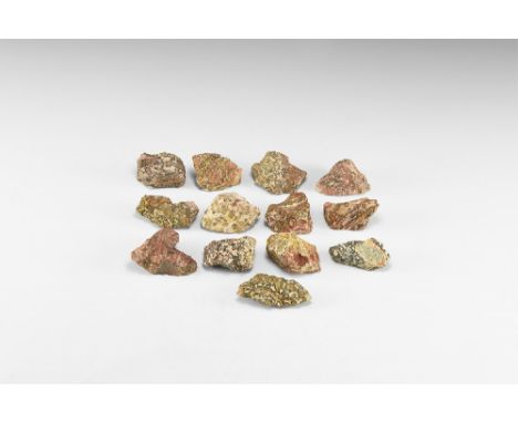 A group of thirteen chunks of snakeskin agate showing different coloured 'scaling' of crystals in a paler matrix. See Bonewit