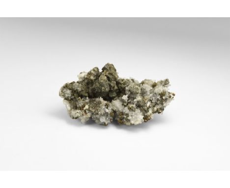 A specimen of chalcopyrite, quartz, and calcite from the Tri-state area of the USA, with large chalcopyrite crystals, small q