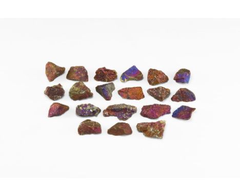 A group of twenty chunks of bornite, or 'peacock ore', with metallic lustre in red, purple and blue. See Bonewitz, Dr. Ronald