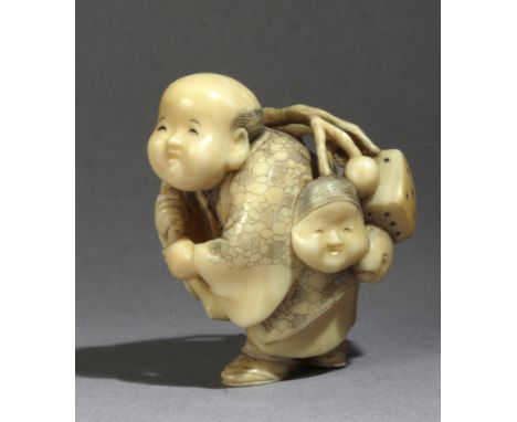 A Japanese netsuke circa 1850-1875 from Meiji period. Signed. In carved elephant ivory portraying a standing vendor who holds