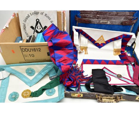 A BRIEFCASE AND A BOX OF MASONIC REGALIA, large briefcase with contents to include four aprons, a sash, a yellow metal medall