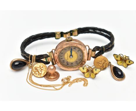 A BAG OF JEWELLERY, to include a ladies AF early 20th century, 9ct rose gold wristwatch, manual wind requires attention, two 