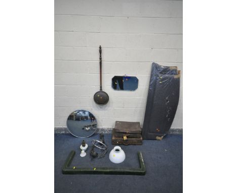 A SELECTION OF MISCELLANEUS, to include a converted rise and fall oil lamp, with a glass shade, two suitcases, a convex roads