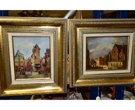 TWO 20th CENTURY NOSTALGIC VILLAGE SCENES PAINTED IN THE DUTCH STYLE, oils on board, one signed S. Claus, the other indistinc