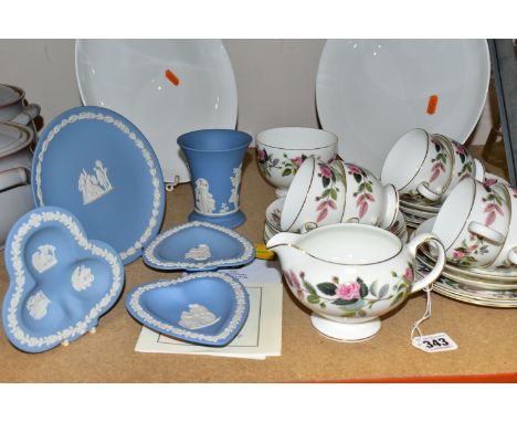 A WEDGWOOD 'HATHAWAY ROSE' PATTERN TEA SET, comprising a milk jug and sugar bowl, six cups, six saucers, six tea plates, two 