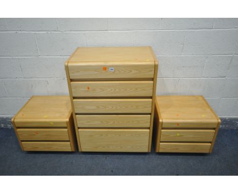 A MOSER LIGHT OAK CHEST OF FOUR DRAWERS, over another single deep drawer, width 67cm x depth 44cm x height 95cm, along with a