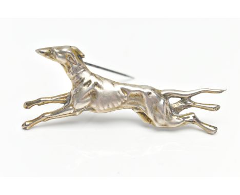 A GREYHOUND BROOCH, in running pose, stamped sterling silver, length 70mm, approximate gross weight 13 grams (condition repor