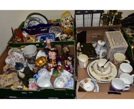 THREE BOXES OF CERAMICS, METALWARES, PICTURES, ETC, to include a Royal Albert Beatrix Potter Hunca Munca figure, and Goody an