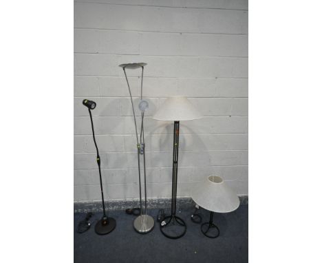 AN ASK SERIOUS READERS ADJUSTABLE FLOOR LAMP, along with a set of two wrought iron standard lamp and table lamps, and a stain