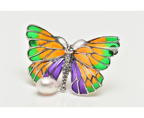 A PLIQUE A JOUR AND GEM BUTTERFLY BROOCH/PENDANT, with green, orange and purple plique-a-jour wings to the suspended cultured