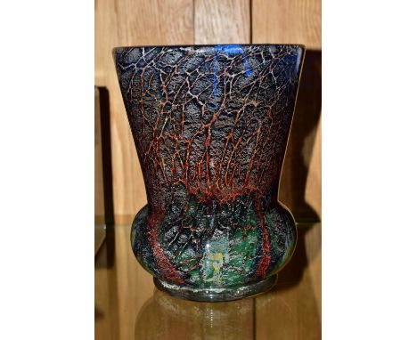 A WMF IKORA GLASS VASE, of squat form with a wide flared neck, veined multicoloured design, height 17.5cm x diameter 13.5cm (