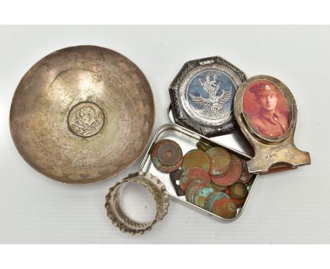 A SELECTION OF SILVER AND WHITE METAL, to include a silver photo frame, oval frame with wooden stand, engraved 'The Sherwood 