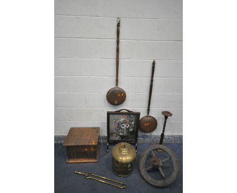 A SELECTION OF OCCASIONAL FURNITURE, to include a fire screen, a copper log box, two copper warming, brass log box, brass ton