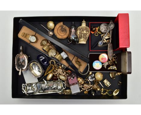 A BOX OF ASSORTED WATCHES AND JEWELLERY, to include five wrist watches, names to include Belgosa, Caravelle, Kelia, Rotary an