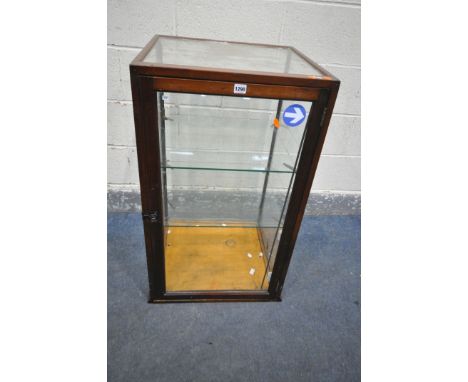 A VINTAGE MAHOGANY TABLE TOP DISPLAY CABINET, with two glass shelves, width 53cm x depth 52cm x height 92cm (condition:-one g