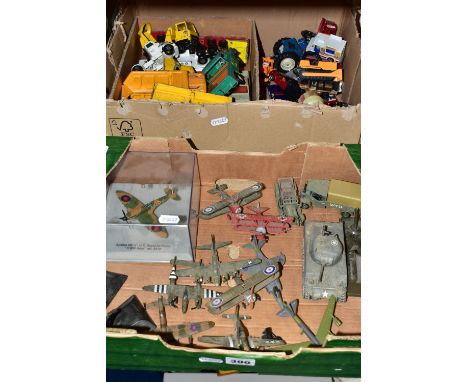 TWO BOXES OF DIECAST VEHICLES AND WORLD WAR TWO MODEL PLANES, to include a 1979 Matchbox K-21 Trailer, a Matchbox Super Kings