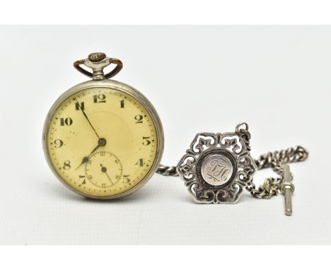 AN OPEN FACE POCKET WATCH AND SILVER ALBERT CHAIN, manual wind pocket watch, round white dial, Arabic numerals, seconds subsi