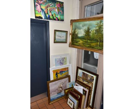 A QUANTITY OF PAINTINGS AND PRINTS ETC, to include C. Innes 'Woodland Landscape' oil on canvas, approximate size 60cm x 90cm,