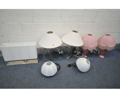 A SELECTION OF LIGHTING, to include a rectangular table lamp, two pairs of table lamps and a pair of ceiling lights (7)