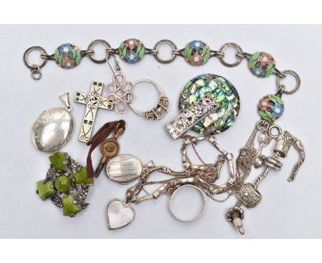 A BAG OF ASSORTED SILVER AND WHITE METAL JEWELLERY, to include a white metal bracelet designed with a series of enamel floral