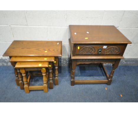 AN OLD CHARM OAK SINGLE DRAWER LAMP TABLE, width 57cm x depth 43cm x height 65cm, along with a solid oak nest of three tables