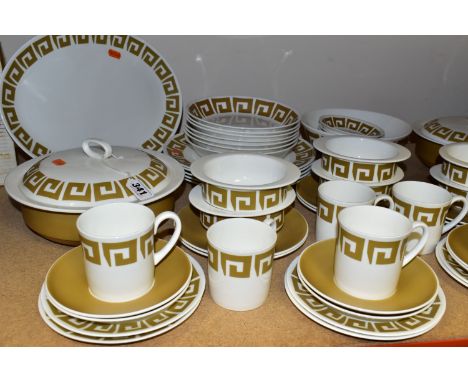 A WEDGWOOD SUSIE COOPER DESIGN 'OLD GOLD KEYSTONE' PATTERN DINNER SET, comprising one large meat plate, two circular covered 