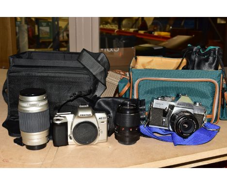 TWO CAMERAS, comprising a Pentax MZ-60, with manual, Pentax 75-300 lens and a Pentax 28-80 lens and a black nylon shoulder ba