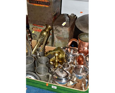 A BOX AND LOOSE METALWARES, to include two large biscuit tins with remnants of paper labels - one Elkes Biscuits and the othe