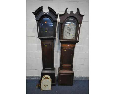 TWO GEORGIAN OAK LONGCASE CLOCKS, one clock with a 30 hour movement and painted dial, height 215cm, the other clock with a pa