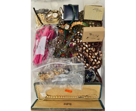 A PLASTIC BOX OF ASSORTED COSTUME JEWELLERY, to include imitation pearl necklaces, earrings, beaded necklaces, brooches, bang