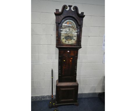 A GEORGIAN FLAME MAHOGANY EIGHT DAY LONGCASE CLOCK, the hood with a swan neck pediment, glazed door that's enclosing a painte