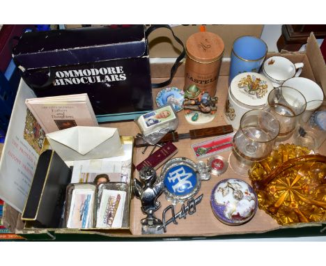 A BOX OF MOTORING BADGES, A MEISSEN COVERED BOWL, STAMPS AND SUNDRY ITEMS, to include a Mr Therm novelty car mascot numbered 