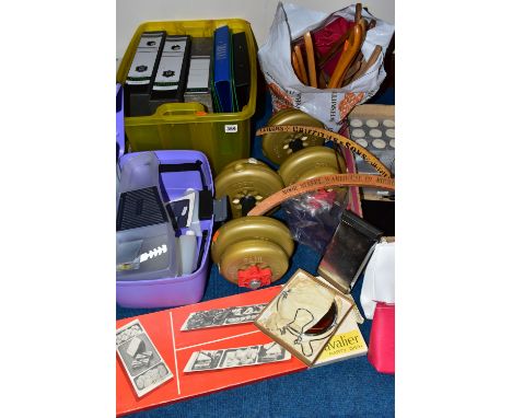 TWO BOXES OF ASSORTED SUNDRIES, to include approximately twenty wooden coat hangers, a  lavender vanity case, a promotional C