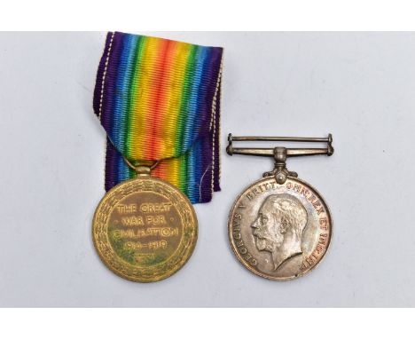 TWO WORLD WAR ONE MEDALS, the first assigned to '55152 PTE A.C.BUGG E.YORK R', missing ribbon, the second a Victory medal ass