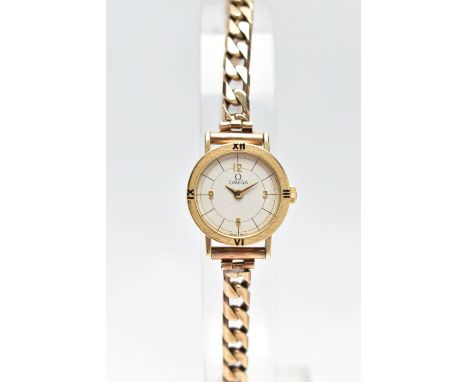 A LADIES 9CT GOLD 'OMEGA' QUARTZ WRISTWATCH, quartz movement, round white dial signed 'Omega', Arabic quarter numerals, inter