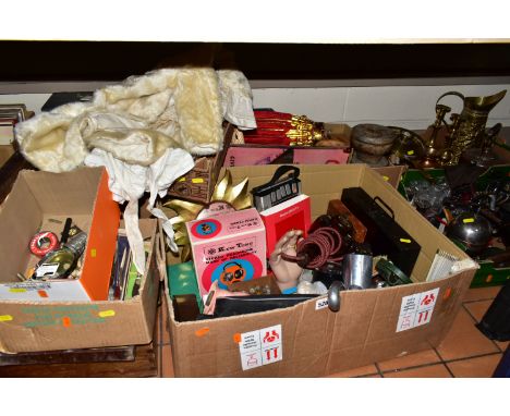 SIX BOXES OF METALWARE AND MISCELLANEOUS ITEMS, to include a Smiths Bakelite mantel clock, Bakelite ink stand and ashtray, fl