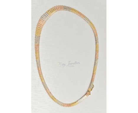 AN 18CT GOLD TRI-COLOUR FRINGE NECKLACE, yellow, rose and white gold textured fringe links, fitted with an integrated box cla