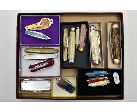 SIXTEEN PENKNIVES, to include four with mother of pearl handles, one set with a 1954 farthing coin, lengths 50mm ton 90mm (co